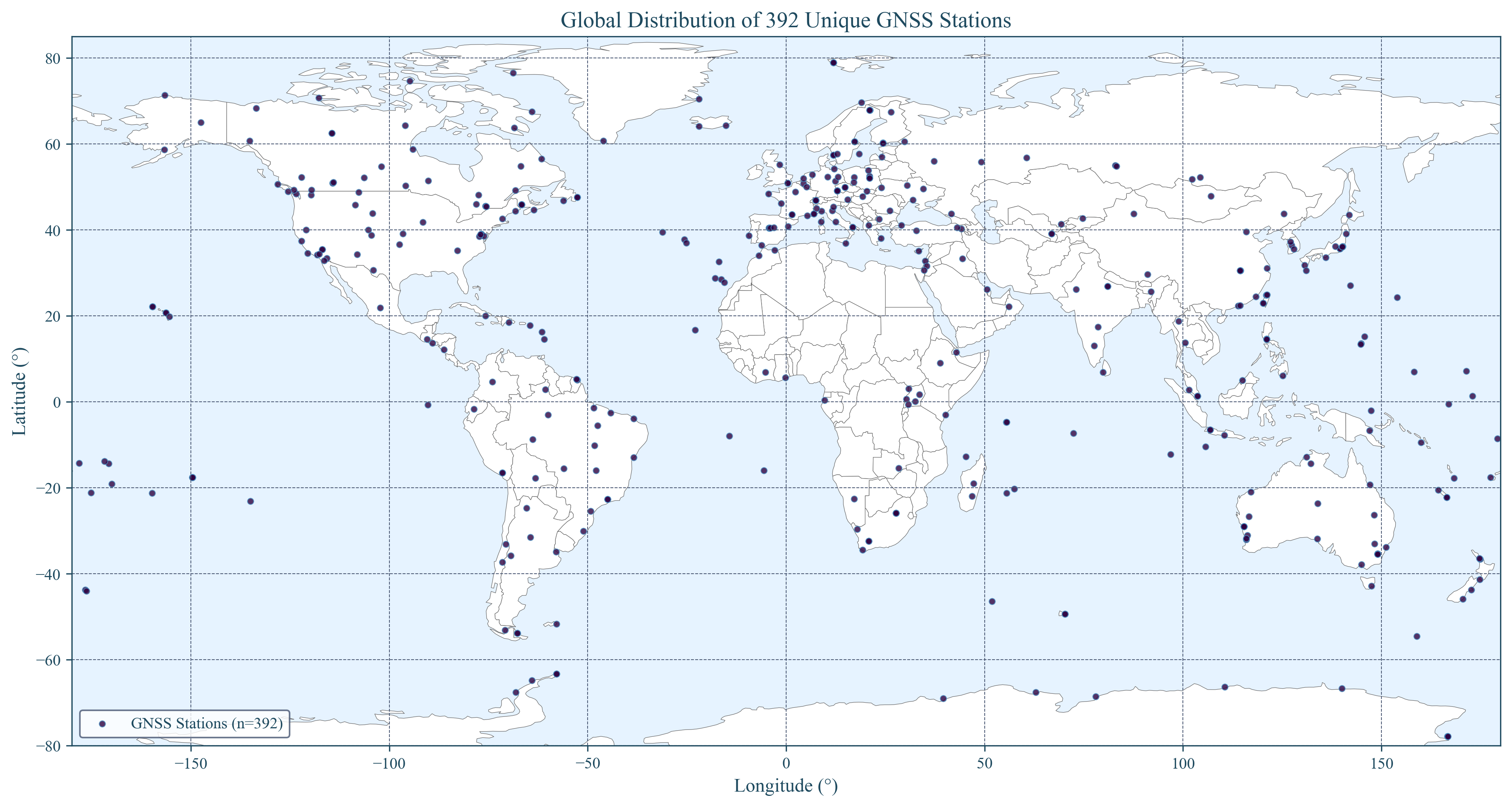 Global map showing GNSS station distribution